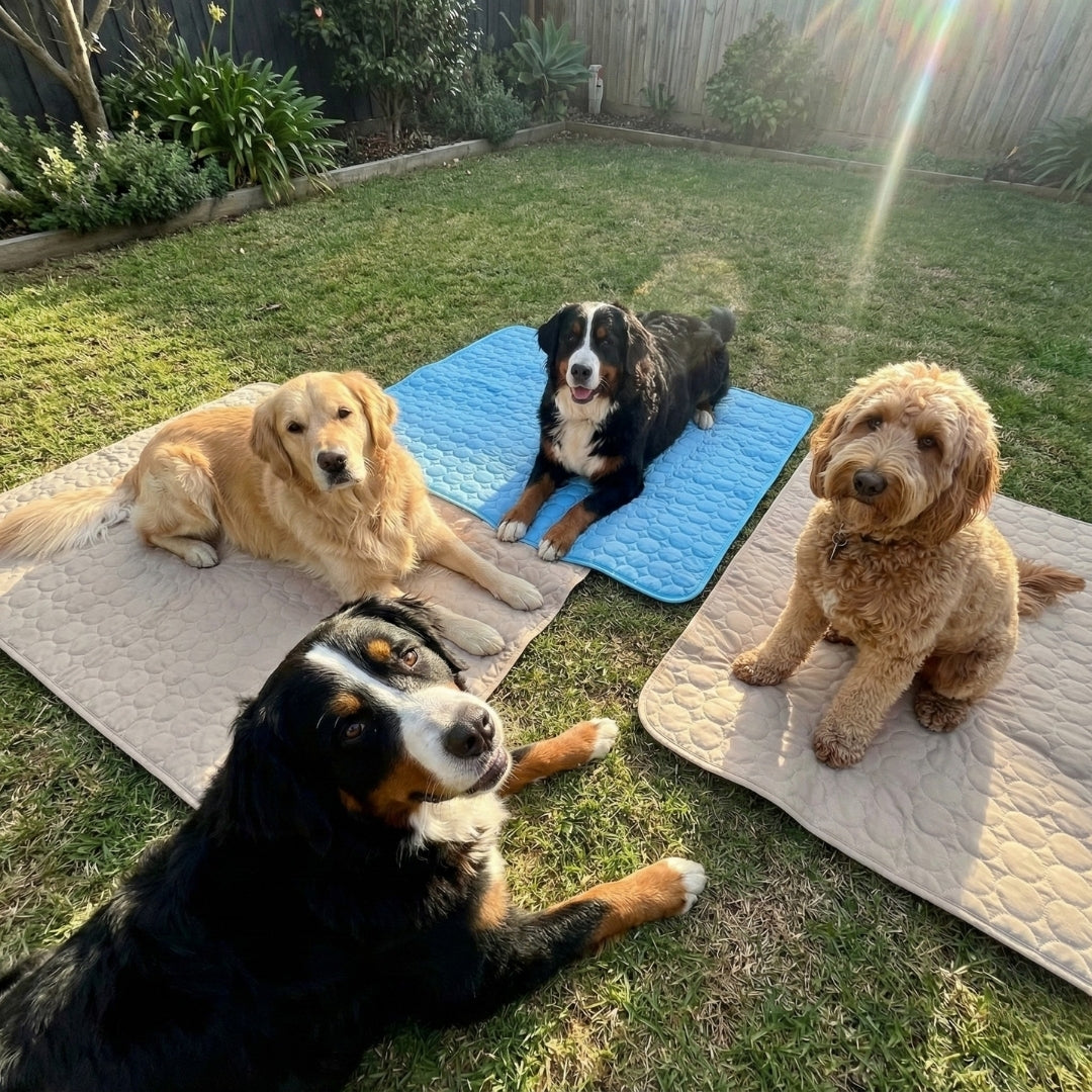 4 perros en el cesped